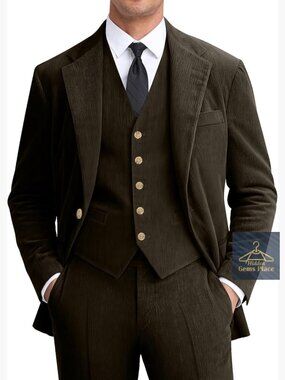 Men's Corduroy Suit Slim Fit 3 Piece Vintage Wedding Business Blazer Vest Pants